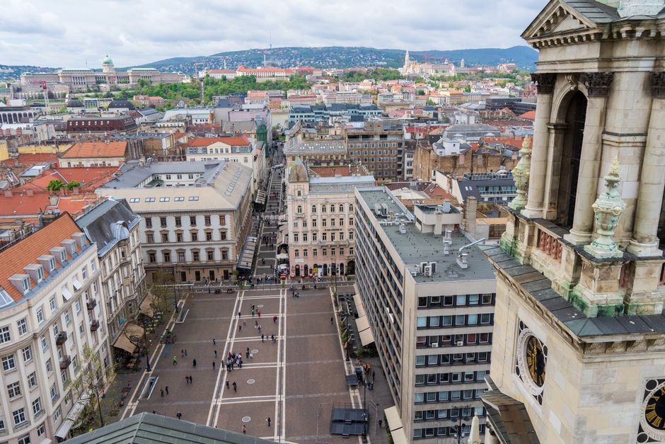 Stunning aerial view showcasing Budapest's urban landscape and St. Stephen's Basilica.