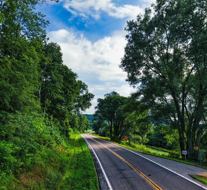 A picturesque road winding through green forests under a bright blue sky in Minnesota.