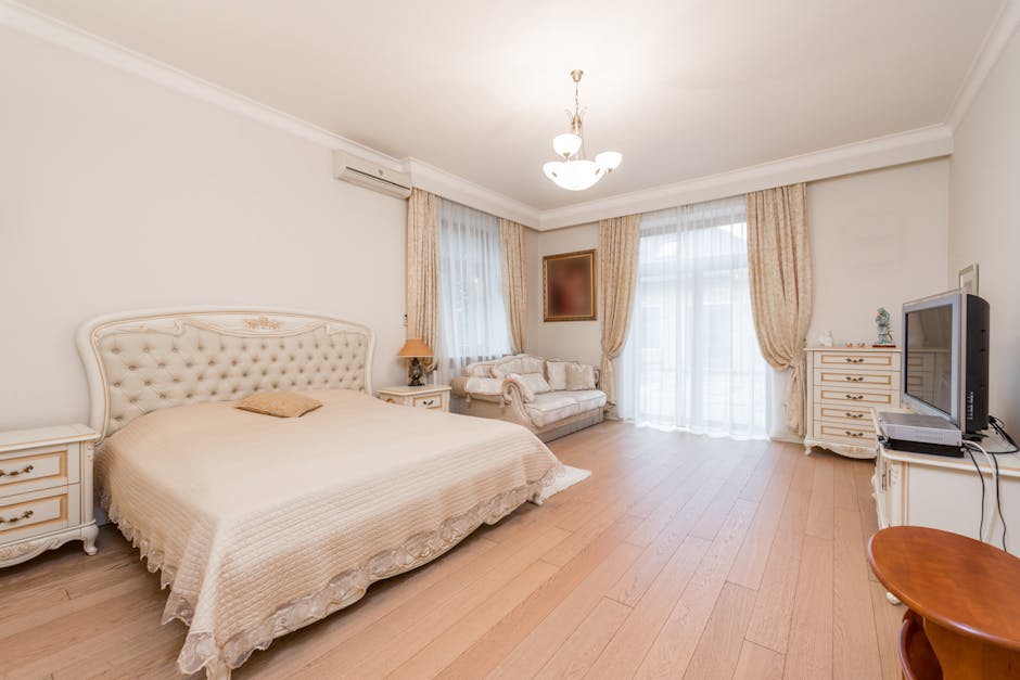 Interior of spacious bedroom with bed near table and couch next to windows with curtains and TV on cabinet under lamp