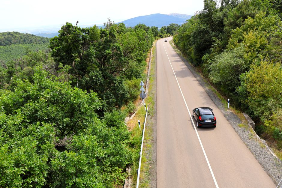 A black car driving through a lush forest road in Hungary, captured from above, showcasing nature and adventure.