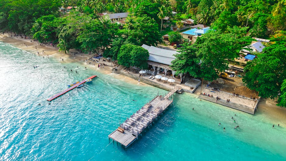 Stunning aerial shot of Manokwari beach, featuring clear turquoise waters and lush greenery.