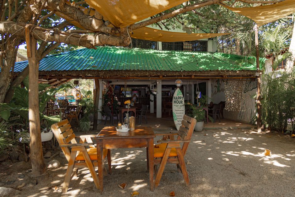 Cozy outdoor cafe with rustic wooden table and chairs under lush tropical foliage.